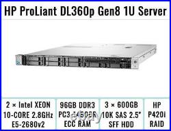 HP DL360p Gen8 Server 2×E5-2680v2 Xeon 10-Core 2.8GHz + 96GB RAM + 3×600GB SAS