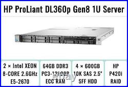 HP ProLiant DL360p Gen8 Server 2×E5-2670 Xeon 8-Core 2.6GHz + 64GB RAM + 4×600GB