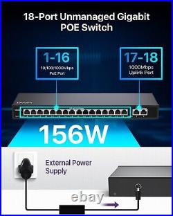 Loocam 18 Port Gigabit Unmanaged PoE Switch, 16 PoE+ Port @ 156W 2 Uplink Port