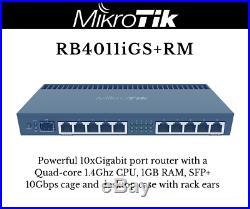 MikroTik RB4011iGS+RM 10xGigabit Quad-core 1.4Ghz CPU 1GB RAM SFP+ 10Gbps cage