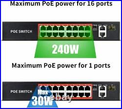 PoE Switch with 16 POE Ports +2 Gigabit Uplink, 1 x 1G SFP, 802.3af/at PoE+240W